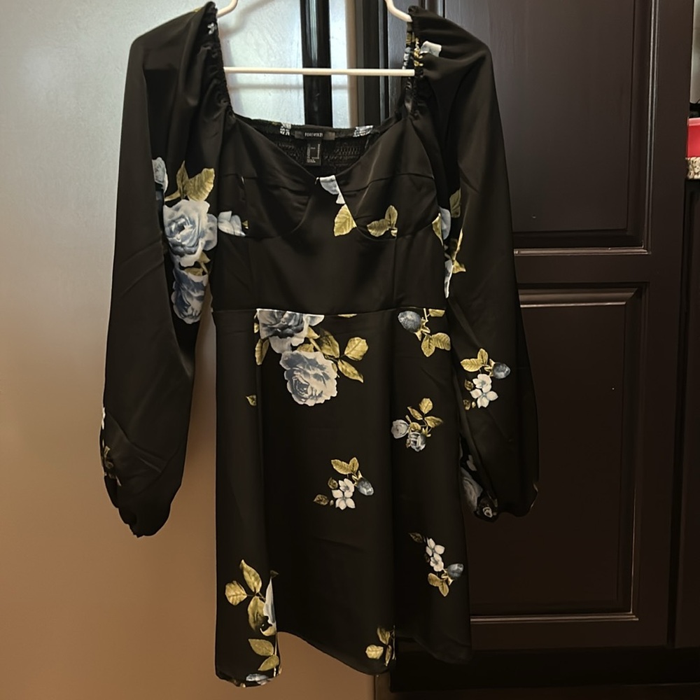 Floral Black Dress with Blue and Green Accents